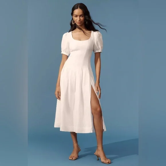 NEW Reformation Coucou Midi Linen Dress Puff Sleeves White | US 4 UK 8 - Picture 2 of 11